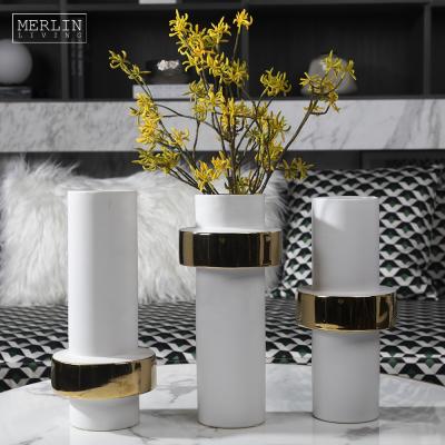 China Merlin Modern Minimalist Ceramic Round Vase Luxury Decorative Long Cylinder White Gold Round Vase For Flower Vases for sale