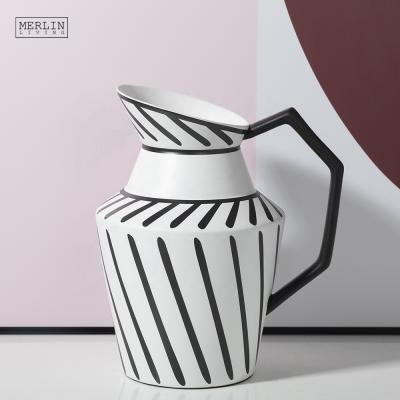 China Merlin Ceramic Pitcher Minimalist Stripe Decal Flower Vase Modern Matte Black White Designer Nordic Jug Vase Tableware For Home Decors for sale