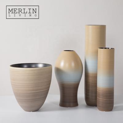 China Modern Minimalist Merlin Yellow Vases Ceramic Handmade Decorative Home Decor Tall Vase Set Nordic Round Cylinder Porcelain For Flower Vases for sale