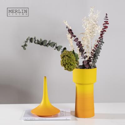 China Wholesale Modern Minimalist MERLIN Craft Yellow-Orange Hand Drawn Vase Modern Funnel Shape Decorative For Ceramic Flower Vases for sale