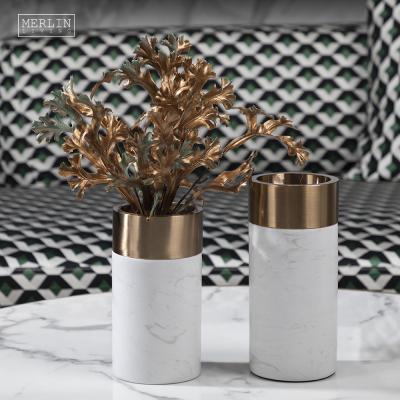 China Wholesale Modern MERLIN Luxury Morden White Black Stone Marble Vases Gold Plated Decorative Luxury Copper Vase Table Decor For Flower Vases for sale