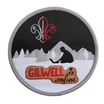 China Sustainable Apparel Garment Circular Woven Label Custom Design Woven Patch For Bags Shoes for sale