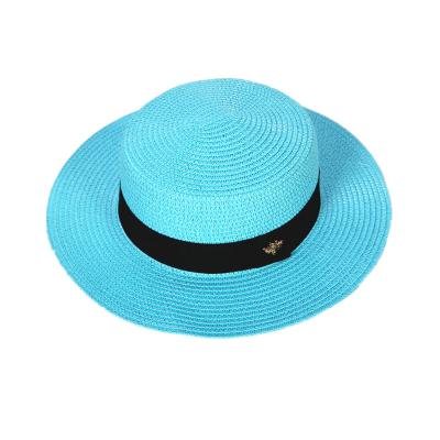 China Cute Character Fashion Bee Ribbon Classic Flat Foldable Wide Brim Straw Hats For Women for sale