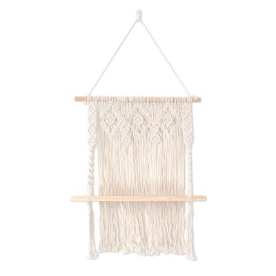 China High Quality Handcrafted Macrame Wall Hanging Shelf Boho Wooden Floating Hanging Shelf For Home Decor for sale