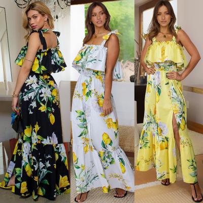 China 2022 new fashion ruffle lace slim sexy slit dress washable printed women's sling dress for sale