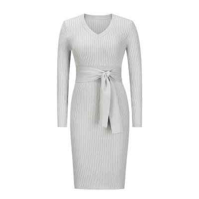 China 2022 autumn and winter women's temperament v-neckline fashion belt washable new long sleeve knitted dress medium thin for sale