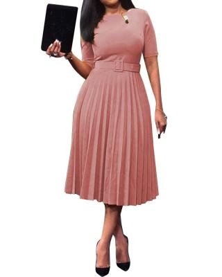 China Anti-wrinkle 2022 European women's dress high waist short sleeve summer fashion belt African plus size dresses slim pleated solid and American for sale