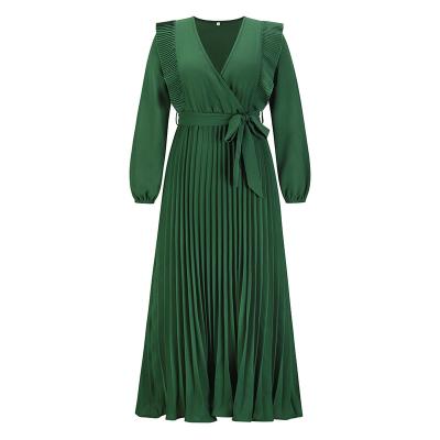 China 2022 Autumn New Fashion Temperament Sexy V-Neck Big Edge Pleated Dress Women's Long Dress Washable for sale