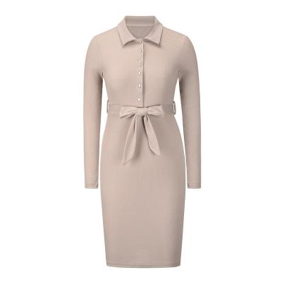 China 2022 new autumn and winter washable length collar knitted oversized women's long slim sleeve belt dress for sale