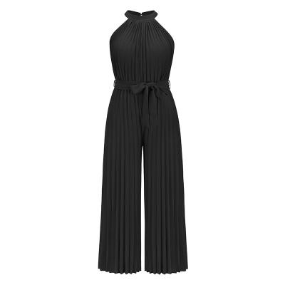 China Sexy Pleated Overalls Women's Breathable Slip Neck Sleeveless Summer 2022 New Lace Up Slim Pleated Wide Leg Pants for sale