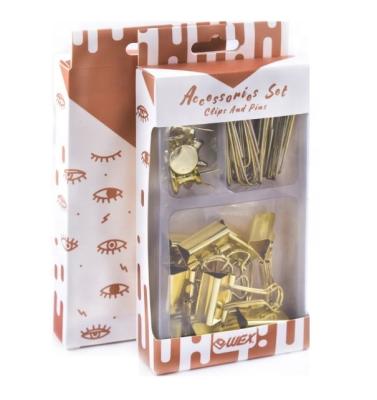 China Home You Need This Gold Color Vintage Matching Paper Binder Clips Pins In Storage Tray Stationery Set for sale