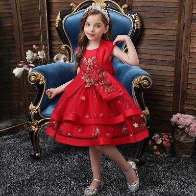 China Anti-static children's embroidery bridesmaid wedding dress cotton round neck red party 2-10 years sleeveless girls dress for sale