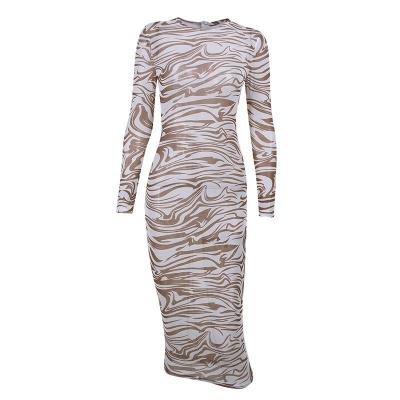 China Women's Casual Dress Sexy Women's Casual Dress Water Pattern Round Neck Anti-Static Tight Fit Women's Clothing Maxi Bodycon Dress for sale