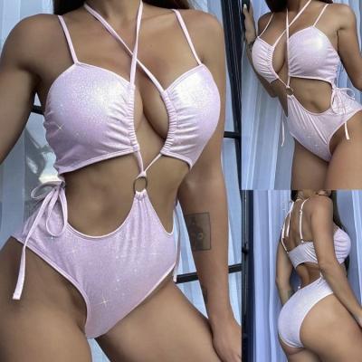 China 2022 New Round Sequin Buckle Halter Bikini Non-Toxic Pink One Piece Lace Swimsuit Adjustable Lace Ready To Ship for sale