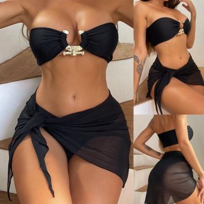 China 2022 new non-toxic black three-piece semi-circle buckle bikini swimsuit belted cover up for sale