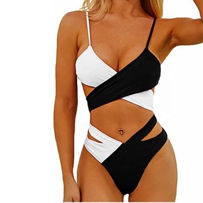 China Non-Toxic Sexy High Cut Color Block Cutout Wrap Brazilian Bikini Swimwear Set Unique 2 Piece Strap Design for sale