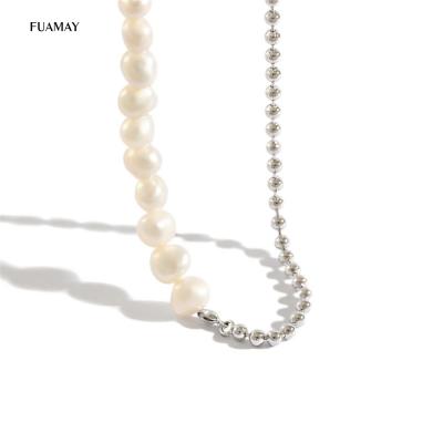 China FUAMAY CLASSIC Silver Jewelry 925 Sterling Necklace Half Silver Ball Beaded Half Chain Necklaces Freshwater Pearl Necklace for sale