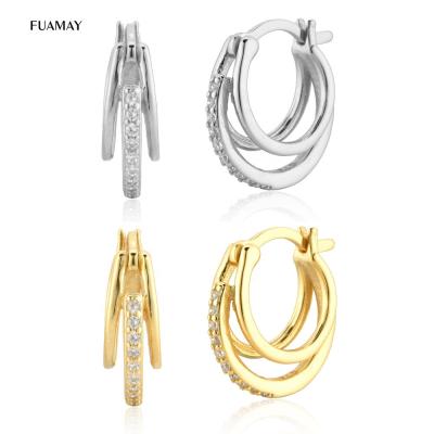 China FUAMAY Jewelry Earrings CLASSIC Gold Plated Three Circles Diamond Earrings Woman Gold Plated Hoop Earrings 18k for sale