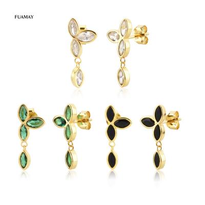 China FUAMAY Sterling Silver 925 Emerald Green Marquise Diamond Flower Casual/Sport Jewelry Drop Earrings Black Onyx Zircon Paved Earrings for sale