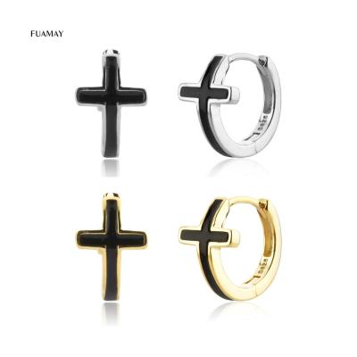 China BOHEMIA FUAMAY Girl Cross Huggies Earrings Enamel Cross Statement Circle Earrings Black Silver for sale