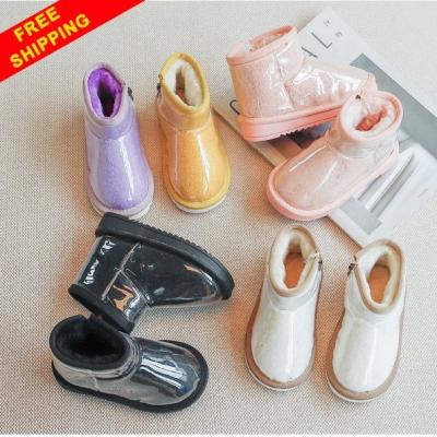 China FREE SHIPPING CUSTOM Outdoor Winter Jelly Designer Logo PVC Thermal Waterproof Toddler Kids Fluffy Fur Rain Ankle Snow Boots Shoes for sale