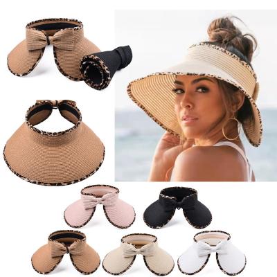 China Wide Foldable Sun Visor Rollable Wide Straw Hat Character Bow Brim Outdoor Beach Hat for sale