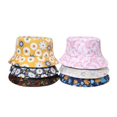 China Casual Geometric Picture Summer Lattice Daisy Flowers Print Cotton Bucket Hat For Women Mens for sale