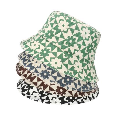 China Casual Geometric Picture Summer Lattice Flowers Print Cotton Bucket Hat For Mens Womens for sale