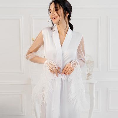 China 2022 Breathable White Boudoir Silk Wedding Kimono Longs Satin Lingerie Pajamas Long Robe With Feathers For Women Bridesmaid for sale