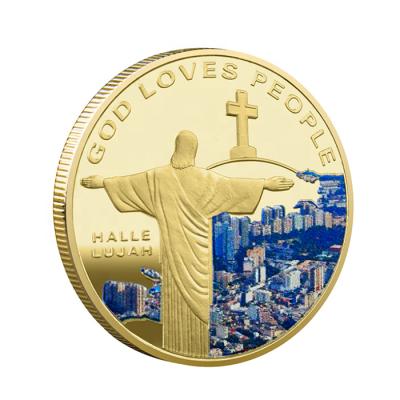 China Around The World 40mm Jesus Gold Money Die Struck Printing Commemorative Coin With Sticker for sale