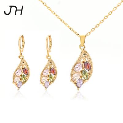 China JH Fashion Queen Leaf Shape Jewelry Set Colorful Cubic Zirconia Earring Necklace Jewelry 18K Gold Plated Jewelry Set for sale