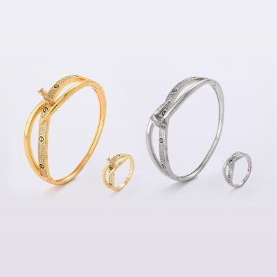 China FASHIONABLE JH Top Selling Zircon Jewelry Set Unique Style Screw Design Luxury Bracelet Women White Gold / Silver Plated Rings And Bangles Set for sale