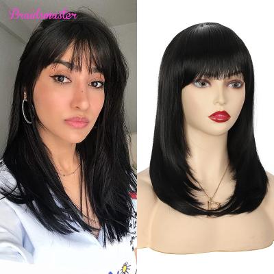 China High Quality Bobo Head Atural Lifelike Flat Straight Women's Short Straight Synthetic Hair Bangs Wig Black for sale