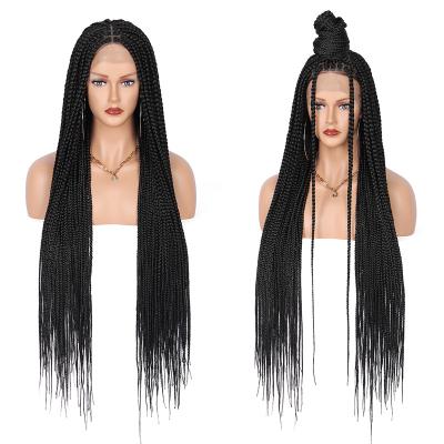 China Braided Wigs 36 Inches Full Lace Front Knotless Box Braided With Baby Hair Long Superb Synthetic Black Women Wig for sale