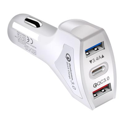 China QC 3.0 Charger QC3.0 3 Ports Dual Type C Car Charger 12V 2A Car Phone Charger Fast Charging Type C USB Charger for sale