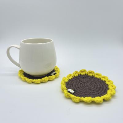 China Flower Viable Custom Size Cotton Weave Sunflower Tea Coaster Handmade Knitted Coaster Cup Cushion With Non Slip for sale