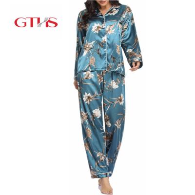 China Fashion QUICK DRY Hot Summer Printed Light V-Neckline Smooth 2 Pieces Satin Pajamas Women for sale