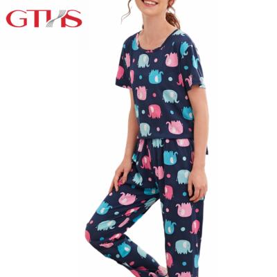 China Floral Color Short Sleeve Light Fleece Polyester Cartoon QUICK DRY Pajamas For Women for sale