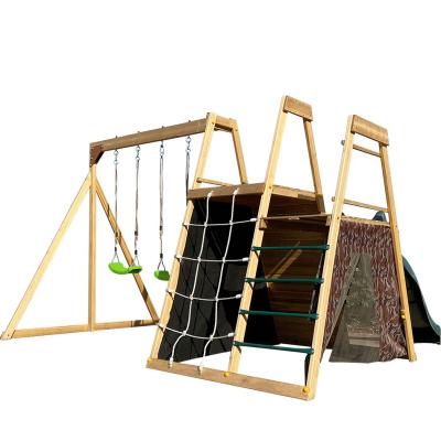 China Kids Playing Wooden Kids Treehouse Swing Slide With Wall Manufacturer Supply Kids Wooden Climbing Playground Outdoor Game For Sale for sale