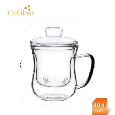 China Cute Design Style CnGlass 300ml Glass Tea Cup With Infuser And Lid For Business Gift for sale