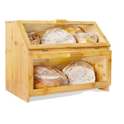 China Sustainable Farmhouse Style Double-Layer Bread Storage Room Kitchen Bamboo Bread Box for sale