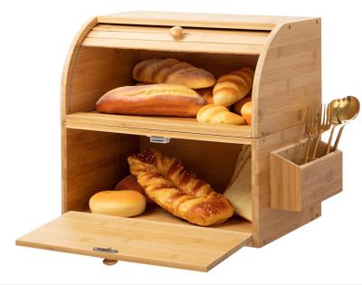 China Sustainable top used for large capacity natural bamboo bread box kitchen food storage wooden bread box for sale