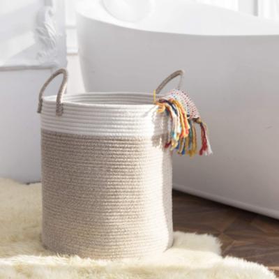 China Sustainable Round White and Gray Woven Accept Customization Cotton Laundry Storage Basket for sale