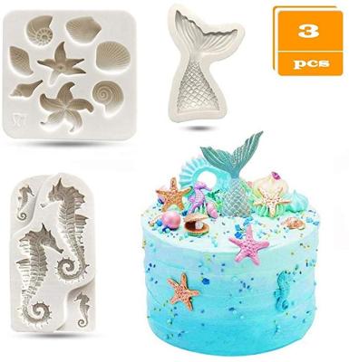 China Disposable Mermaid Theme Cake Fondant Mold - For Under The Sea Cake Decorating Seahorse Seashell Starfish Mermaid Tail Silicone Mold for sale