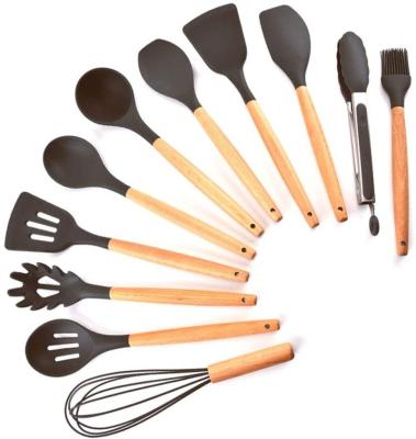 China Sustainable Food Grade Wooden Handle Cooking Set Kitchen Tools Accessories Silicone Utensils With High Quality for sale