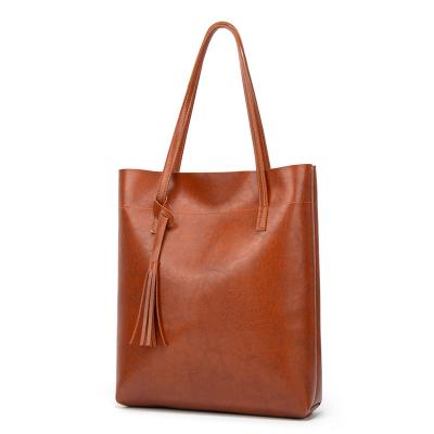 China Hot Selling PU Oil Wax Handbag Shopping Bags Vintage Leather Female Daily Casual Brown Shoulder Tote Bag Oil Wax For Woman for sale