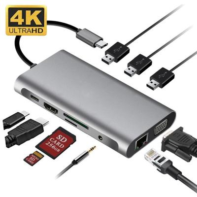 China Aluminum Alloy 10 in 1 Hub Type C to HDMI  VGA Adapter RJ45 Lan Ethernet SD TF PD USB3.0 3.5mm Jack Audio Video USB c Hub Computer Accessories for sale