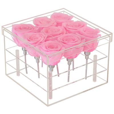 China Weddings Decoration Ammy Transparent Square Acrylic High Quality Preservation 9 Mounted Vase Flower Eternal Luxury Gift Box for sale