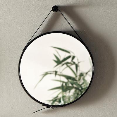 China Norhs Quality Home Round Lighted Leather Strap Hanging Wall Framed Decorative Mirror for sale