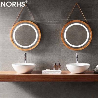 China Round Style Modern Concise Waterproof Bathroom Treatment Solid Oak Wood Mirrors for sale